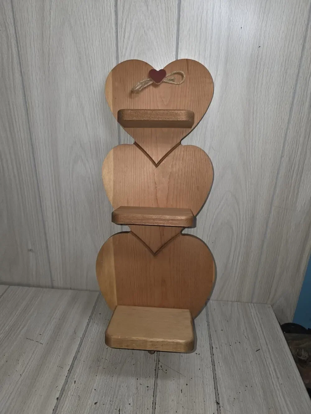 Vintage Wooden 3 Heart Shelf One Hook 21” x 8.5